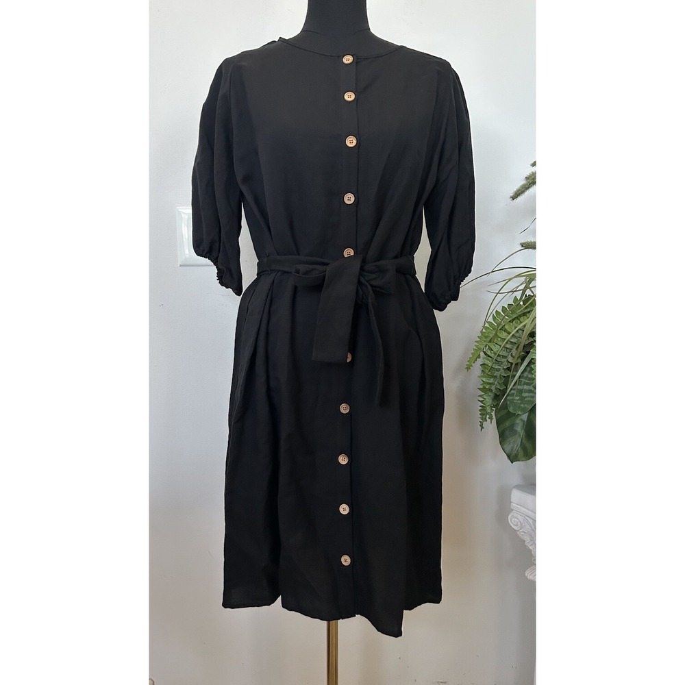NWT Emerson Fry Linen Black Womens Minimalist Dress Button Down Belt Waist Sz M